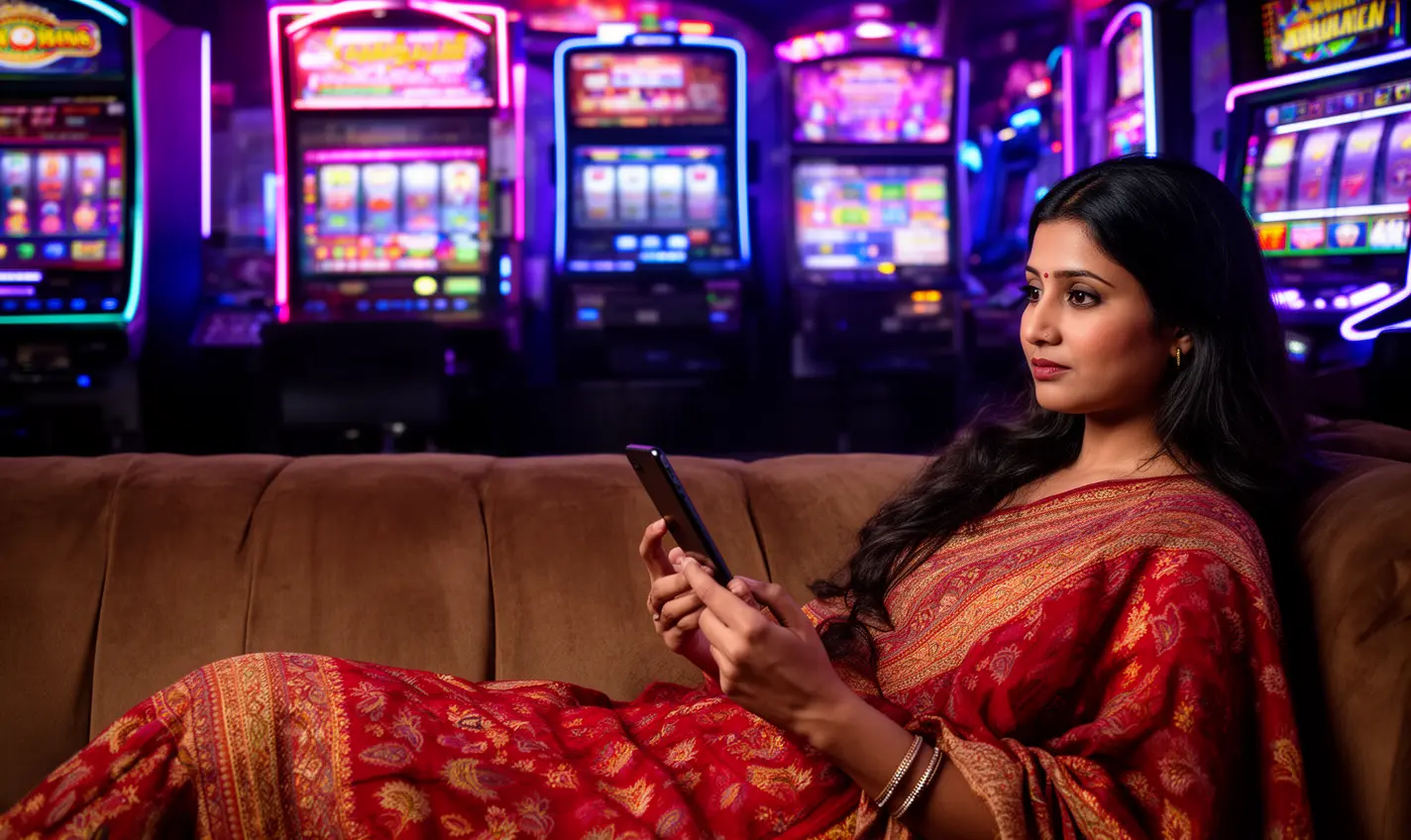 Confident Bangladeshi woman using the 72BD casino app on her phone while lounging by slot machines in a modern casino setting