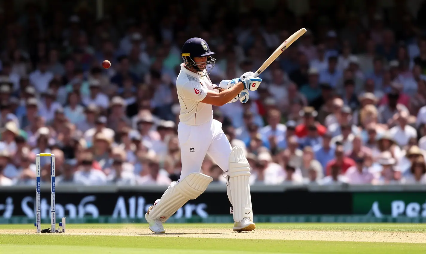 Intense moment of a cricket batsman driving the ball in a packed stadium capturing the excitement of live cricket betting with 72BD
