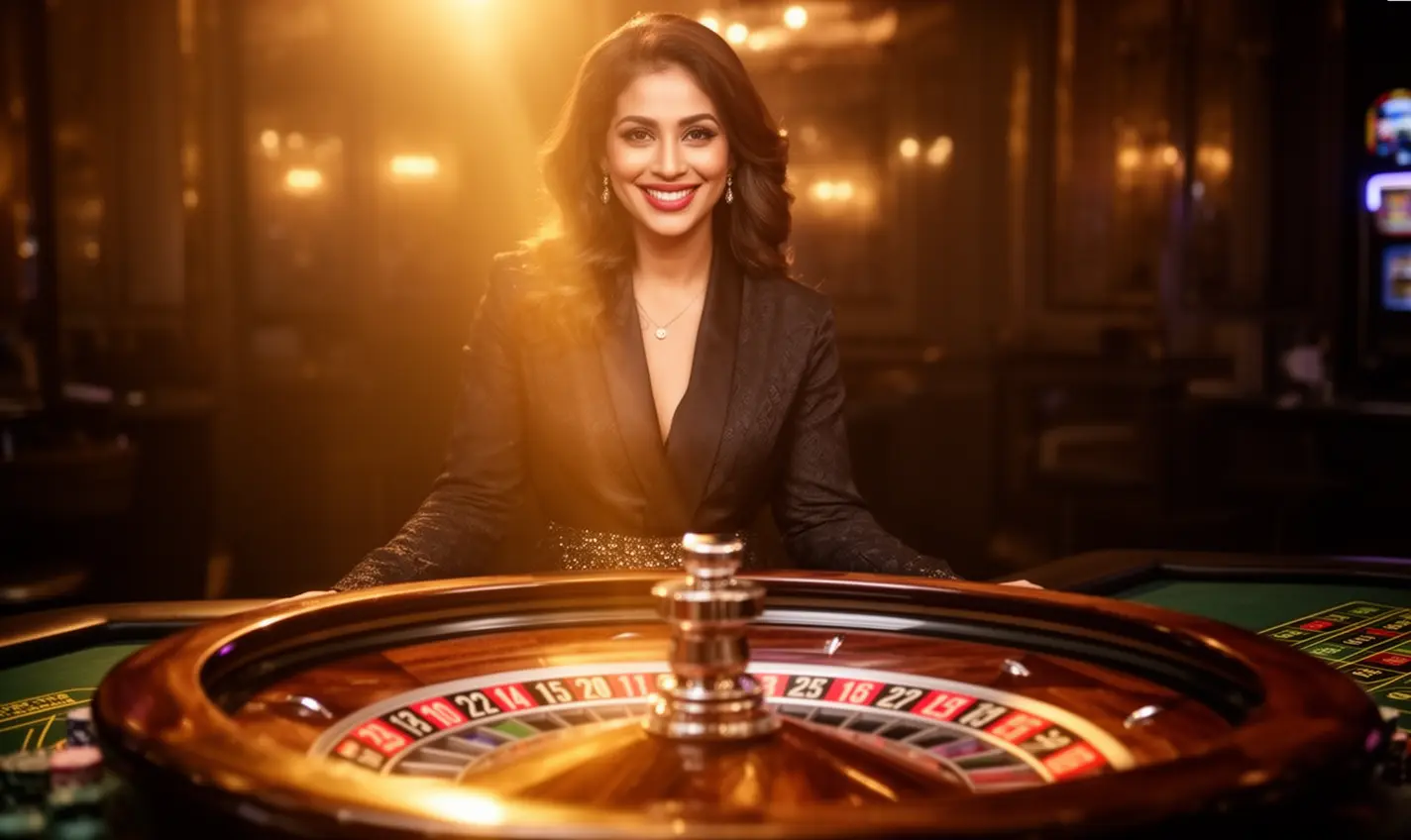 Friendly Bangladeshi casino dealer smiling at a roulette table with glowing lights representing trusted live gaming and bonuses at 72BD