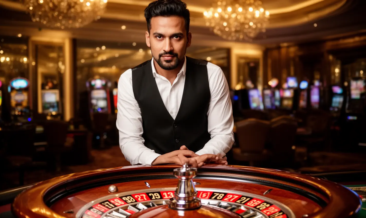 Confident casino dealer at a modern roulette table with bright lights and a luxury atmosphere representing the high quality live casino experience at 72BD for players in Bangladesh