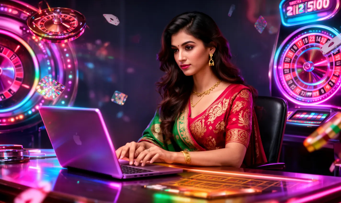 Confident Bangladeshi woman working on a laptop in a vibrant neon casino setting showcasing immersive online games at 72BD
