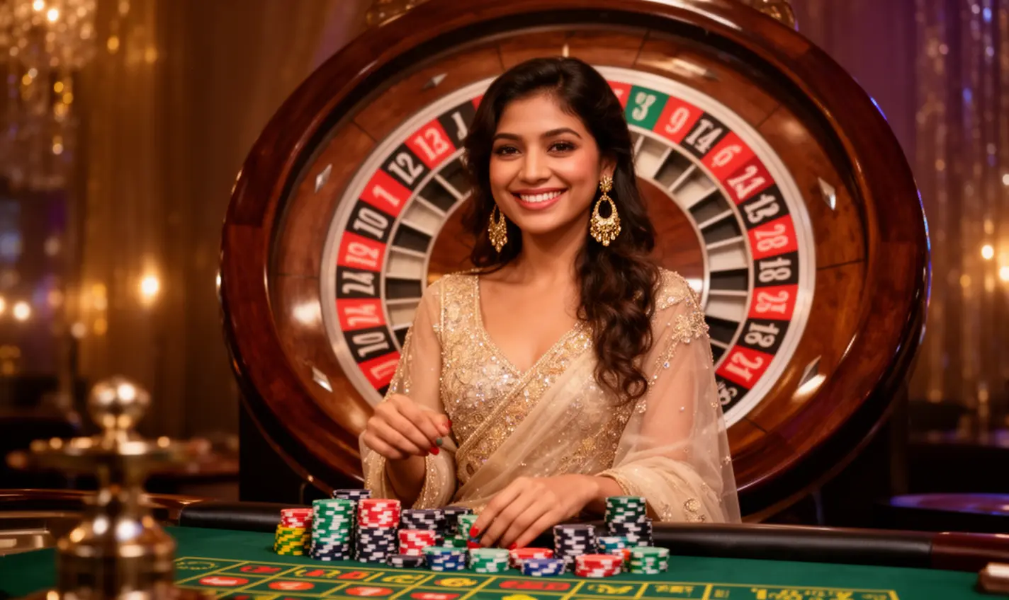 Confident casino player holding poker chips in front of a glowing roulette wheel showcasing the exciting live casino action available at 72BD in Bangladesh