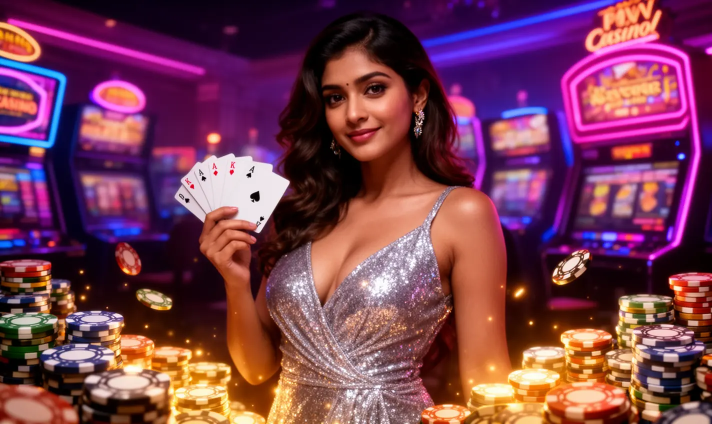 Confident casino dealer surrounded by colorful chips and slot machines, highlighting the dynamic gaming environment at 72BD casino for Bangladesh players