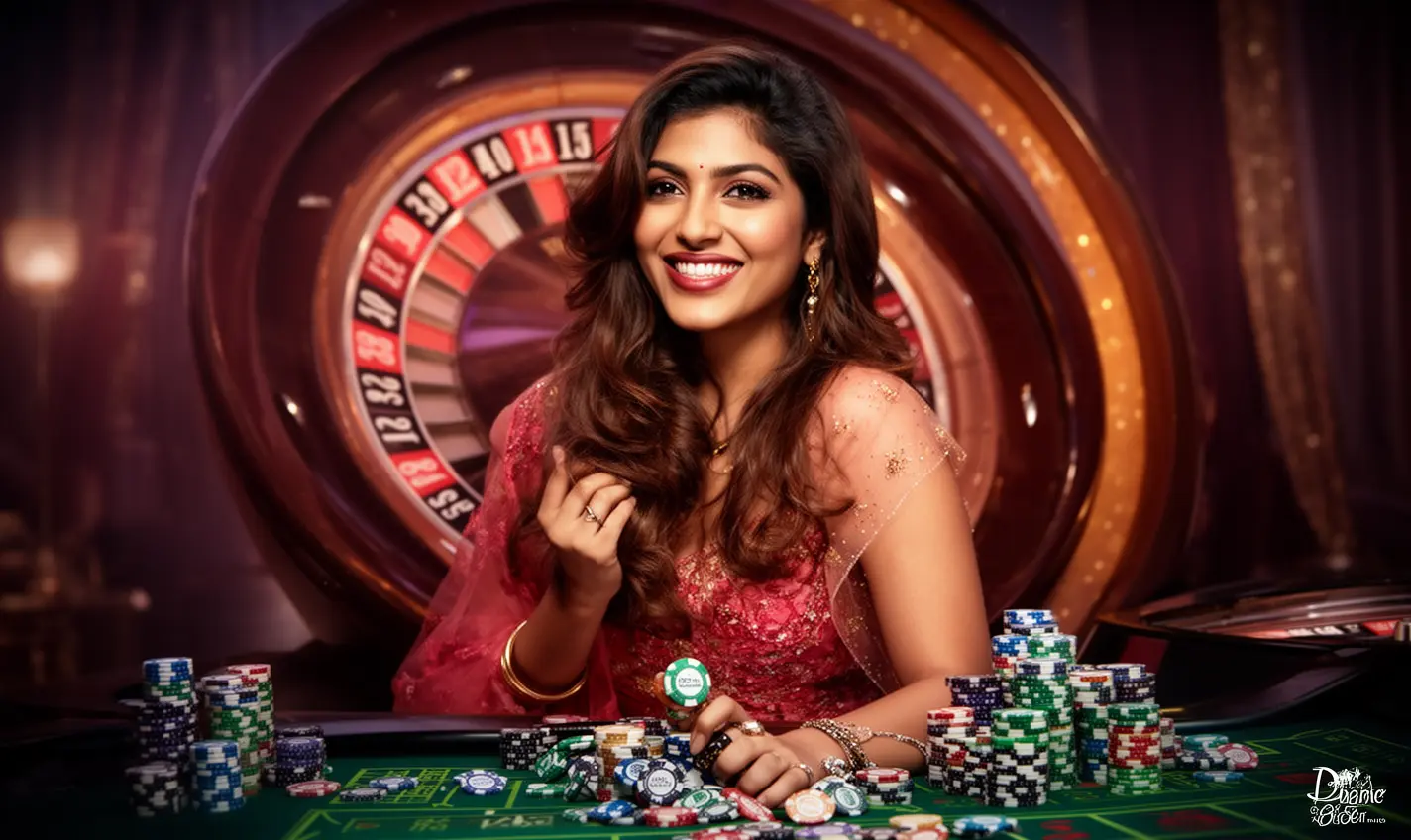 Elegant Bangladeshi casino player smiling with poker chips in hand in front of a glowing roulette wheel at 72BD Casino
