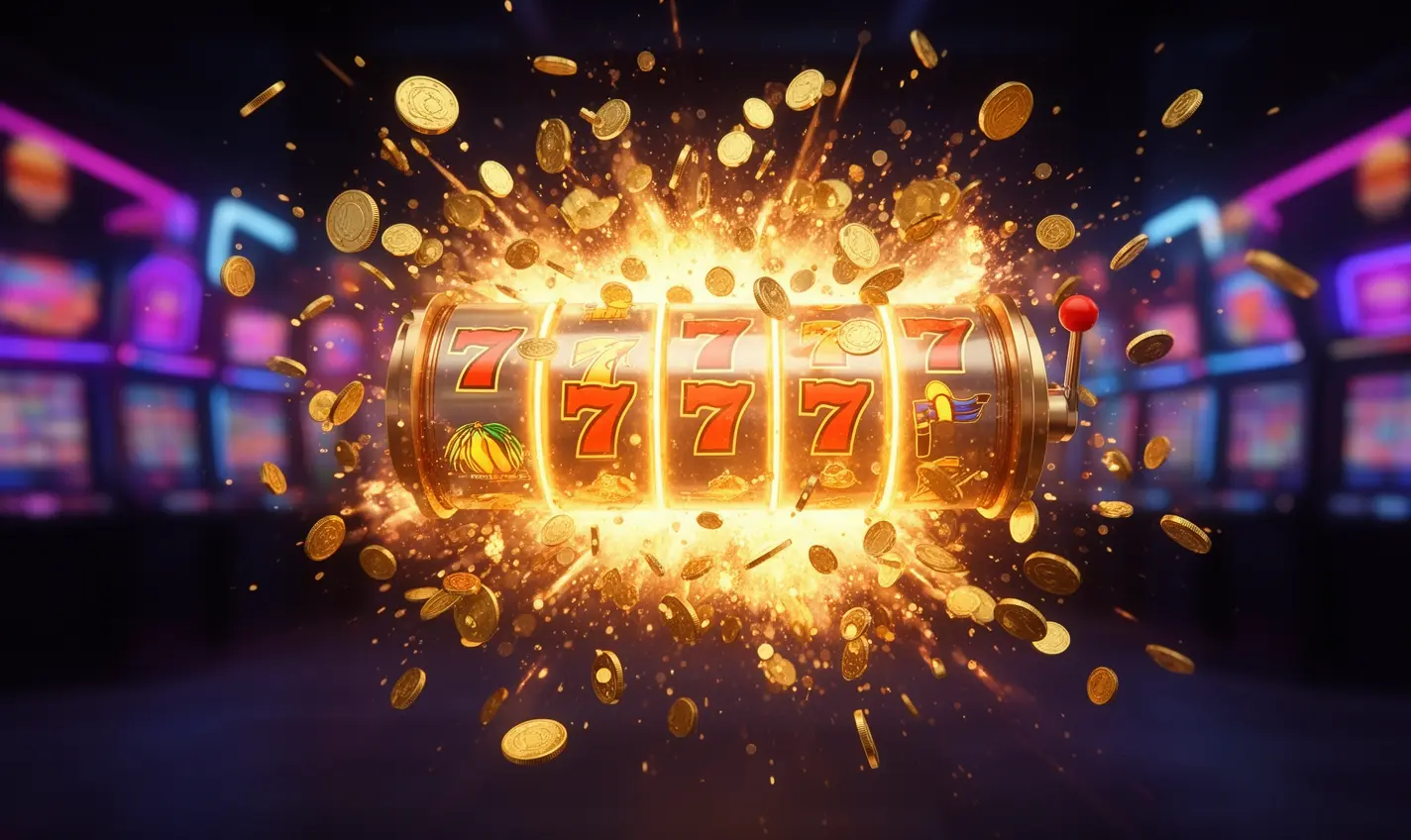 Classic slot machine with glowing sevens and scattered gold coins representing high stakes slot action at 72BD casino for Bangladesh players